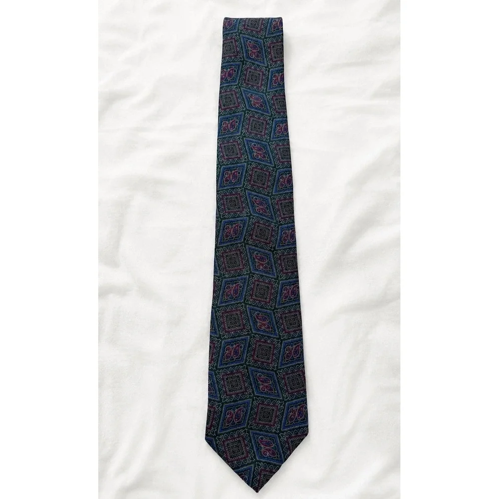 Vintage All Silk Geometric Paisley Tie Made in Korea Blue Red Necktie